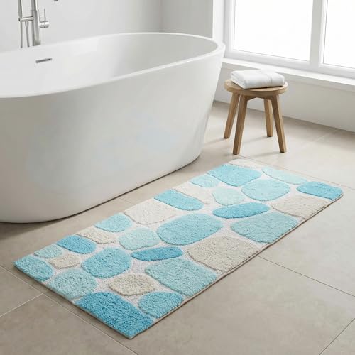 THE BEER VALLEY Pebble Bath Runner Rug 2x5 Feet - Turquoise | Non Slip Cotton Runners for Bathroom, Washable Absorbent Long Bath Floor Rugs - color: Aqua/Turquoise, size: 24 x 60 inches