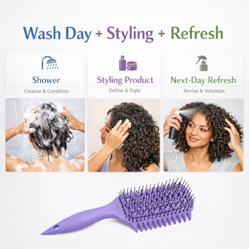 Curl Defining Brush for Curly Hair, Vented Detangling Hair Brush for Wet and Dry Styling, Curved Brush for Shaping and Smoothing Curl Clumps, Lightweight Hair Brush (Violet) - color: Violet