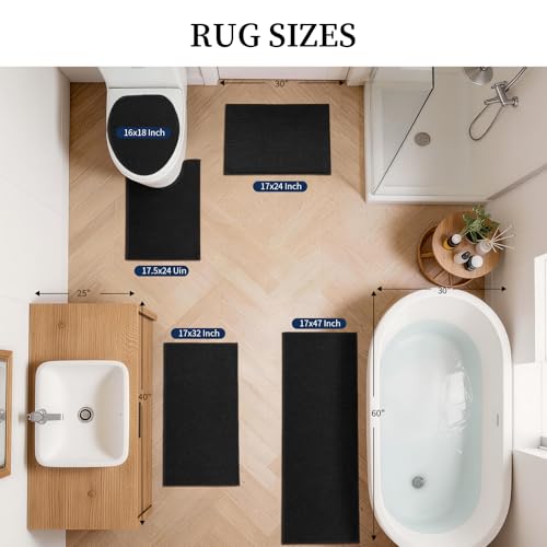 YIHOUSE Black Bathroom Rugs Sets 5 Piece, Quick Dry Thin Bath Mat with Toilet Rug, Non Slip Absorbent Machine Washable, Bath Runner Rugs for Bathtub Sink Home Decor - color: Black, size: 5 pieces