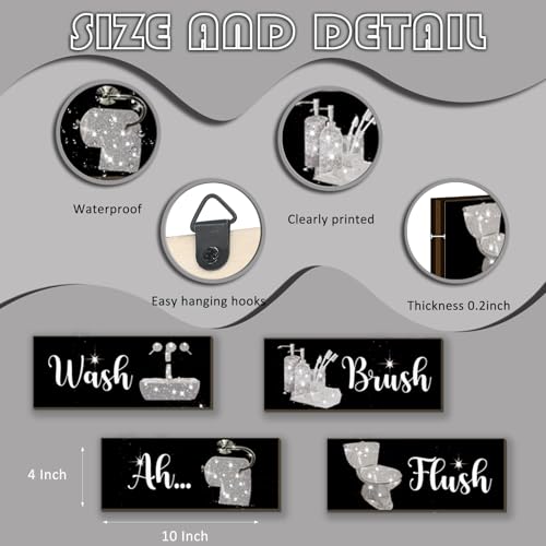 4 Pcs Silver Bathroom Decor Funny Silver And Black Wall Art Wooden Bathroom Accessories Modern Funny Glitter Set for Home Toilet 10x4 Inch - color: Silver, size: 10 X 4 Inch