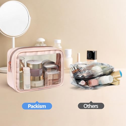 PACKISM Clear Makeup Bag Foldable - TSA Approved Toiletry Bag for Travel | Metal Zipper, Reinforced Seam, Water Resistant, Medium for Carry-on, Large for Checked Luggage, for Car Storage Organizer - color: 2 Pack Pink, size: Hybrid Traveler (1 Large & 1 M