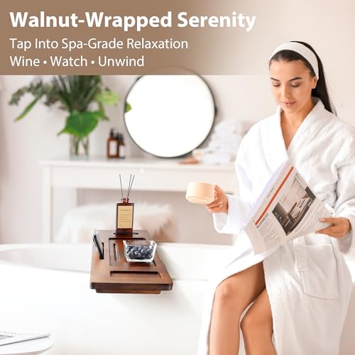 Walnut Bathtub Tray Caddy - 39" Wide Adjustable for Freestanding Tubs, Non-Slip Phone/Wine Holder