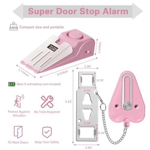 Portable Door Lock & Door Stop Alarm Set, Dual Protection Home Security Door Kit, Travel Hotel Door Lock Devices Pocket Self Defensey Tools for Traveling Hotel Home Apartment,Pink - color: Pink