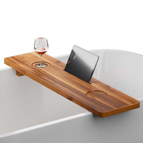 Tinamo Acacia Bathtub Caddy Tray Table | 35x9 Inch Large Bath Tub Wooden | Anti-Tipping, Sustainable Tub Tray for Bath tub | Bath-tub Accessories Holders for Bath-tub (Acacia, 35" x 9" x 2.5") | Acacia Wood, 35" x 9" x 2.5", Custom Legs, Phone/Tablet & Dr