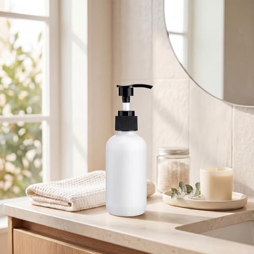 Tanlade 12 Pcs Glass Pump Bottle Dispenser 4 oz Travel Bottles with Pump Refillable Glass Containers for Toiletries Lotion Liquid Soap Shampoo Essential Oils Cosmetic Travel Accessories (White Black) - color: White Black