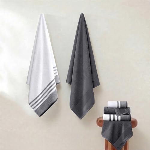 Modern Threads 6-Piece Towel Set – 100% Cotton, Quick Dry, Ultra Absorbent – Includes 2 Bath, 2 Hand, 2 Washcloths (White/Reinhart Charcoal) - color: Grey, style: Classic Stripe