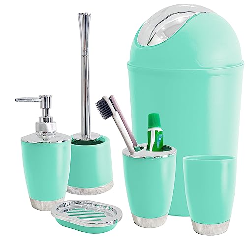 Bathroom Accessories Set 6 Pieces Plastic Bathroom Accessories Toothbrush Holder, Rinse Cup, Soap Dish, Hand Sanitizer Bottle, Waste Bin, Toilet Brush with Holder (Mint Green)