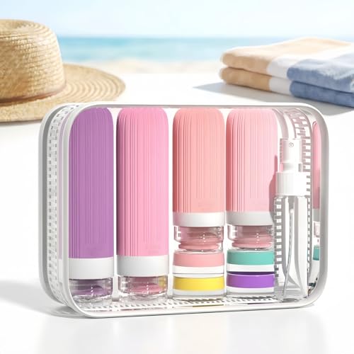 Vitog 16 Pack Travel Bottles for Toiletries, TSA Approved Leak Proof Silicone Squeezable Travel Containers for Toiletries, Refillable Travel Accessories for Conditioner, Shampoo, Lotion & Body Wash - color: Pink & Purple