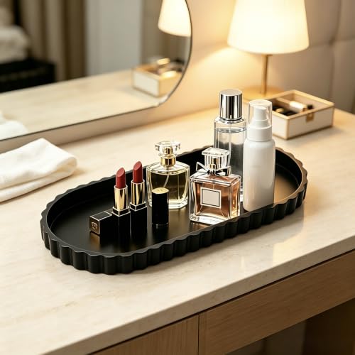Silicone Bathroom Tray,Sink Caddy,Vanity Organizer,12"x 5",Black | Oval,Bathroom counter tray,Toilet tray,Kitchen Counter Decor,Sponge Holders,Sink Organizers,Key tray,Bathroom tank tray - color: Black