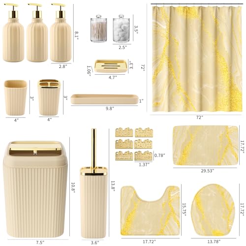 21PCS Bathroom Sets with Shower Curtain and Rugs Bathroom Accessories Set Beige Bathroom Set Complete with Trash Can, Toilet Brush, Qtip Holder & 3PCS Soap Dispenser - size: Bath Set+Marble Shower Curtain+Rugs, style: Beige
