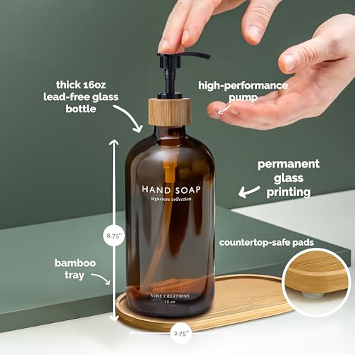 Vine Creations Amber Glass Soap Dispenser Set, Hand Soap and Dish Soap Dispenser Set with Bamboo Tray, 16 oz Glass Dispensers Bottle for Kitchen and Bathroom Decor Modern Boho with Bamboo Pump (Amber) - color: Amber