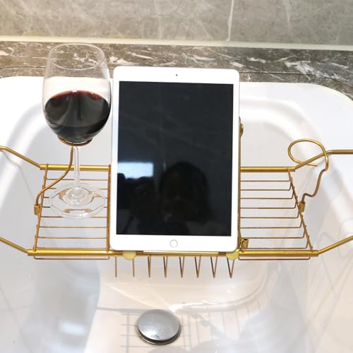 BDL Bathtub Caddy Expandable Bath Tub Tray Table with Wine Holder, Free Soap Dish and Laptop Reading Rack, Bathtub Tray for Home（Bronze） - color: Bronze