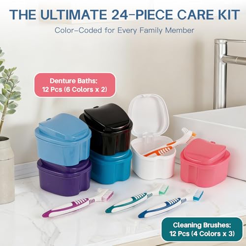 24 Pack Denture Cases and Brushes with Strainer Baskets for Travel | Keeps Dental Appliances Clean, Organized and Easy to Carry
