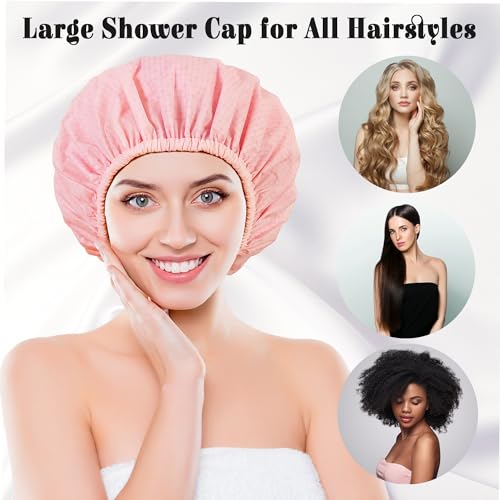 Shower Cap for Women, Shower Caps Reusable Waterproof, Large Plastic Satin Lined Shower Cap for Braids Long Hair - color: Pink grid