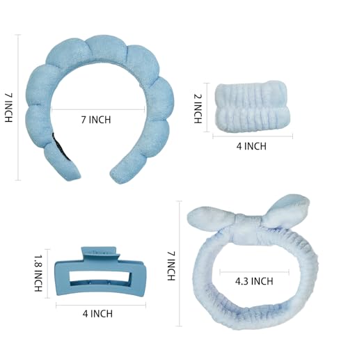 7 Pcs Spa Set, Facial Headband and Wristband Set, Skincare Accessories, College Style Girl Idea Gifts, Hair Accessories for Women and Girls (Blue) - color: Blue
