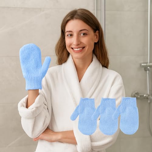 3Pcs Exfoliating Gloves for Shower, Gentle Body Scrub Mitt Set, Exfoliating Body Scrubber Glove, Gentle Cleansing Accessories, Blue - color: Blue