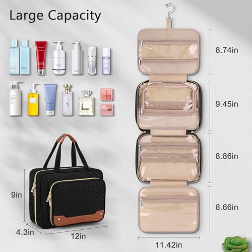 Wedama Toiletry Bag for Women, Hanging Travel Toiletry Bag with Jewelry Organizer Compartment Large Makeup Bag, PVC Waterproof Cosmetic Travel Bag for Travel Business Trips Camping Bathroom, Black - color: Black, size: Large, style: With Jewelry Organizer
