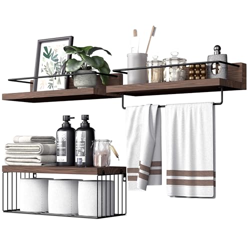 PopiShelves Bathroom Shelves Over Toilet for Wall, Floating Shelves with Storage Basket Paper Holer for Kitchen Living Room, Bedroom & Classroom, Set of 3 (Dark Brown) - color: Dark Brown, size: 15.7"