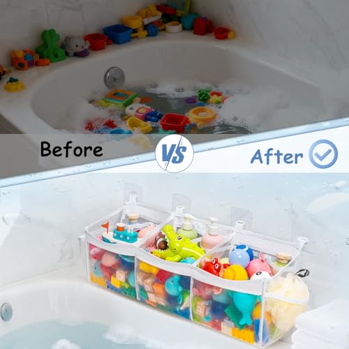 Criusia Extra Large Bath Toy Organizer with 3 Compartments and Multiple Pockets, Quick-Dry Mesh Bathtub Storage for Kids' Toys