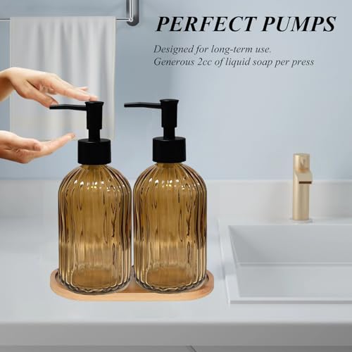 Glass Hand and Dish Soap Dispenser Set of 2 with Plastic Pumps, Bamboo Tray, 13.5oz Brown Bathroom Soap Dispenser with Vertical Stripe for Hand Wash & Dish Wash, Ideal for Bathroom Kitchen Countertop - color: Brown