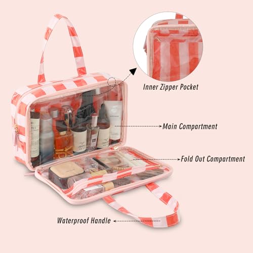 Travel Toiletry Bag for Women, Waterproof Clear Coated Portable Stripe Makeup Cosmetic Bag with Compartment, Travel Organizer for Shampoo, Conditioner, Brushes Set,Cosmetic Accessories(Pink-Orange) - color: Pink-Orange