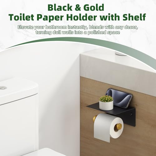 APLusee Black Gold Toilet Paper Holder with Phone Shelf, 304 Stainless Steel Bathroom Paper Holder Wall Mounted, Heavy Duty Tissue Roll Dispenser - color: Black Gold, size: Single Rod