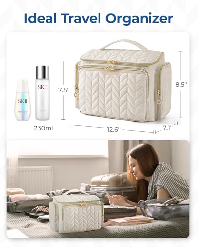 BAGSMART Travel Toiletry Bag, Large Wide-open Travel Bag for Toiletries, Makeup Cosmetic Travel Bag with Handle-Beige - color: Beige