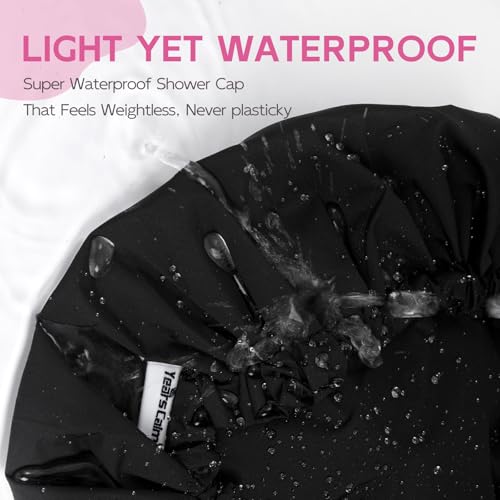 Years Calm Shower Cap for Women Waterproof Reusable – 27g Ultra Lightweight Double-Layer Shower Bonnet, Secure Fit for Long, Curly Hair, Travel & Spa (Black) - color: Black