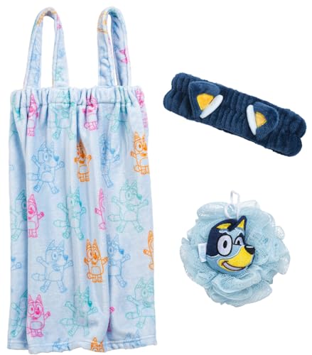 Jay Franco Bluey 3 Piece Spa & Bath Set - Includes Towel Wrap, Loofah & Spa Headband - Kids Bath & Shower Accessories - color: Blue - Bluey
