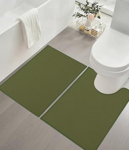 YIHOUSE Bathroom Rug Sets 2 Piece, Ultra Thin Quick Dry Bath Mat, Absorbent Bath Mat for Bathroom Non Slip Machine Washable Bath Rug (Green) - color: Green, size: 2 Pieces (U-Shape)