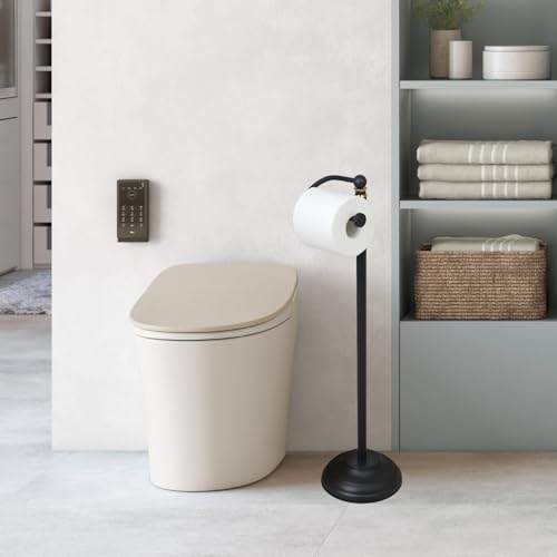 Heavy Base Toilet Paper Holder Stand,Matte Black | Rustproof toilet paper stand,free standing toilet paper holder with Anti-slip base pad,Weighted toilet paper standing holder