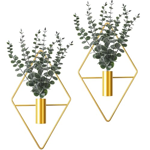 Jexine 4 Pcs Hanging Planters with Artificial Eucalyptus Metal Hanging Vase Indoor Plants Holder Modern Geometric Boho Bathroom Wall Decor for Living Room Home Office (Eucalyptus,Gold) - color: Gold, size: Eucalyptus