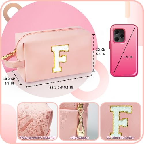 Personalized Initial Makeup Bag with Handle, Preppy Cosmetic Bag with Inner Zipper Pocket, 8 9 10 11 12 13 14 Years Old Girl, Graduation Gifts for Teen Girls Women Teachers (F, Pink) - color: Pink, style: F