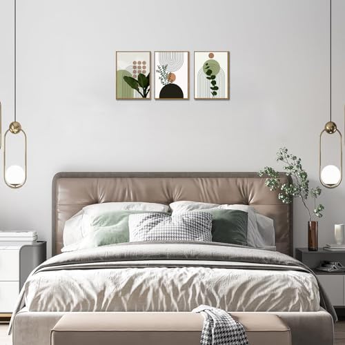 Bwodke Boho Wall Art, Framed Abstract Wall Art, Plant Canvas Wall Decor, Mid Century Line Leaf Geometric Pictures Set of 3, Minimalist Paintings, for Bedroom Living Room Bathroom 12"x16" - color: Boho Plant, size: 12"x16"Natural