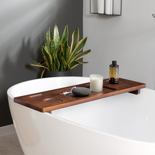 Teak Bathtub Tray for Freestanding Tubs - 29" Heavy-Duty Luxury Bath Caddy, Non-Slip Zero-Wobble Design, Water-Resistant Spa Organizer with Wine Glass & Phone Holder - color: Brown Teak, size: 29 Inch