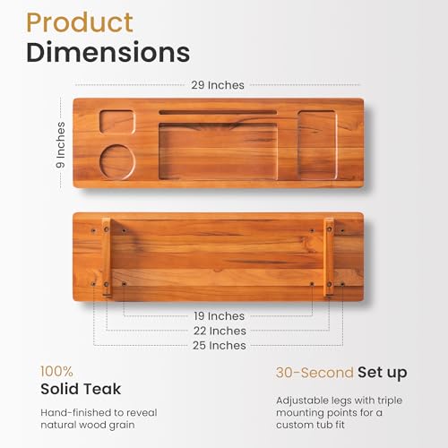 Teak Bathtub Tray for Freestanding Tubs - 29" Heavy-Duty Luxury Bath Caddy, Non-Slip Zero-Wobble Design, Water-Resistant Spa Organizer with Wine Glass & Phone Holder - color: Natural Teak, size: 29 Inch