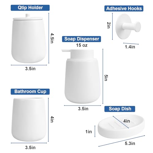 Ceramic Bathroom Accessories Set 6 Pcs, White Bathroom Accessory Set Includes Liquid Soap Dispenser with Rust-Proof Plastic Pump, Bathroom Cup, Qtip Holder, Soap Dish, 2Pcs Adhesive Hooks for Home - size: 6pcs-Liquid (can't Foam)
