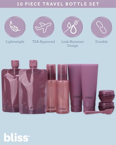 Bliss Travel Bottles Set - 10PC TSA Approved Leak Proof Refillable Travel Size Toiletries Containers for Shampoo Conditioner Lotion & Skincare, Size One Size, Mauve - color: Mauve