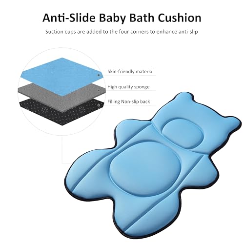 Infant Baby Bath Cushion,Fits Inside Most Baby Bathtubs, Breathable Soft Baby Bath Support Seat,Baby Bath Pad Bath Pillow for Bathtub,Newborn Bath Mat with 4 Suction Cups (Blue) - color: Blue
