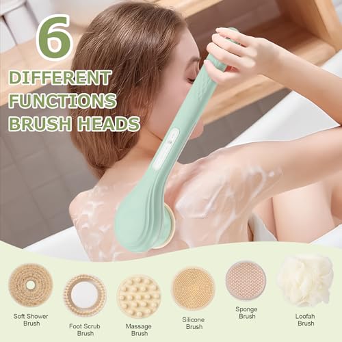 Electric Body Bath Brush, Rechargeable Back Scrubber for Shower, Long Handle Exfoliating Bath Brush for Shower, Lotion Applicator for Back, Silicone Body Scrubber with 6 Shower Brush Heads