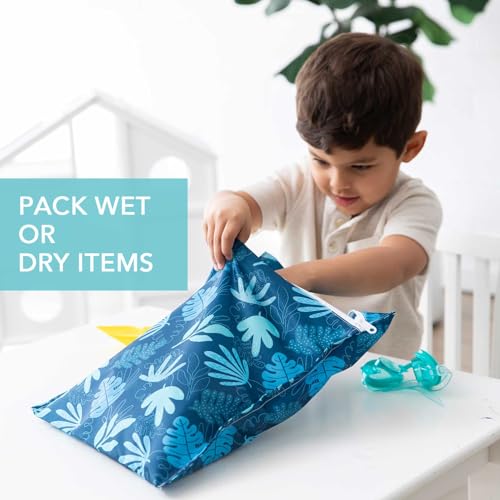 Bumkins Waterproof Wet Bag, Washable, Reusable for Travel, Beach, Pool, Stroller, Diapers, Dirty Gym Clothes, Wet Swimsuits, Toiletries, 12x14 – Blue Tropic - color: E5 Blue Tropic, style: Wet Bag