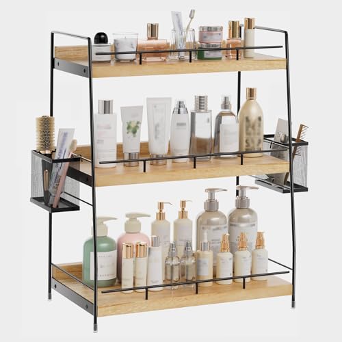 3 Tier Bathroom Counter Organizer with Side Baskets, Wood Countertop Vanity Shelf,Sturdy Metal Frame fits Tall Bottles - color: Brown