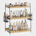 3 Tier Bathroom Counter Organizer with Side Baskets, Wood Countertop Vanity Shelf,Sturdy Metal Frame fits Tall Bottles - color: Brown