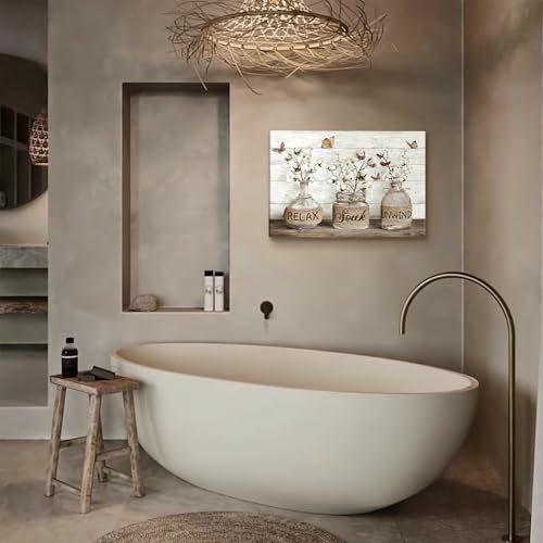 BJVJKSU Farmhouse Bathroom Wall Art Rustic Cotton Flower Bathroom Canvas Wall Decor Relax Soak Unwind Sign Painting Print Vintage Aesthetic Picture Artwork Decor(12x16in) - color: Brown Wrapped Canvas, size: 16"L x 12"W