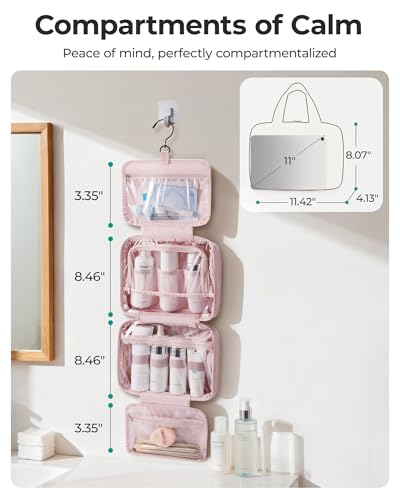 BAGSMART Travel Toiletry Bag for women, Portable Hanging Hook Makeup Bag Organizer, Waterproof Makeup Cosmetic Bag, for Full-Size Accessories, Toiletries, Pink - color: Pink