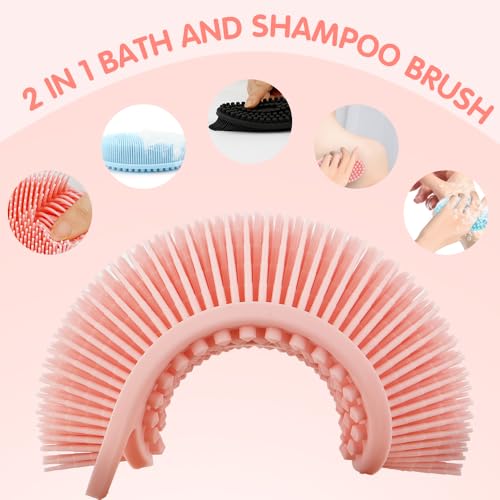 3 Pack Silicone Body Scrubber, Silicone Loofah Soft Exfoliating Body Scrubber, Silicones Body Brush Bath Shower Scrubber for Body, 2 in 1 Bath and Shampoo Wash Brush for Skin Exfoliation Men Women - size: With Handle Black+Pink+Blue