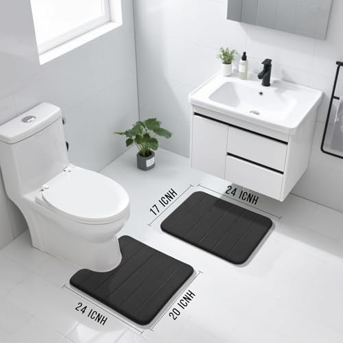 Yimobra U-Shaped Toilet Bath Mat Set 2 Piece - Super Soft Absorbent Quick Dry Memory Foam Bathroom Rugs, Machine Washable Non Slip Floor Carpet for Tub Shower & Single Sink (17x24 & 24x20, Black) - color: Black, size: 24x17+24x20 Inch