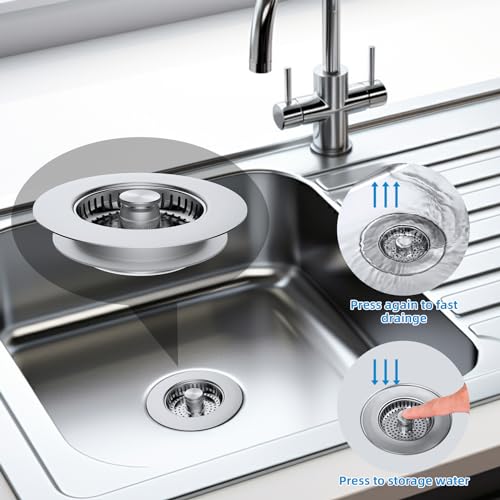 Hibbent All Metal Stainless Steel 3 in 1 Kitchen Sink Drain Strainer, Upgraded Anti-Rust Sink Stop Combo, Anti-Clogging Stainless Steel Basket Strainer with Metal Handle for US Standard 3-1/2" Drain