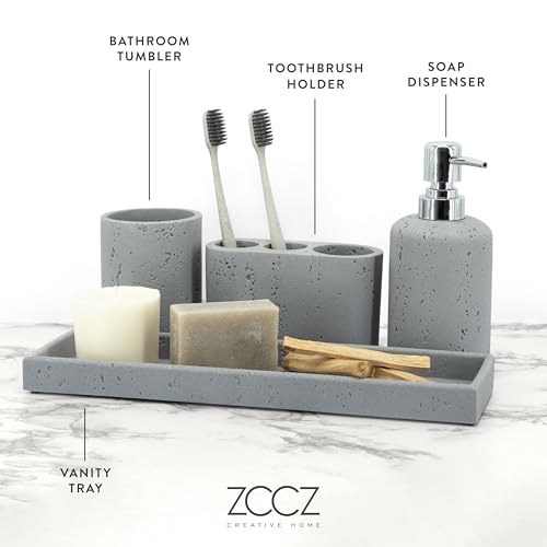 ZCCZ -Beige Bathroom Accessories Set 4 Pcs - Toothbrush Holder, Soap Dispenser, Vanity Tray, Bathroom Tumbler - Countertop Vanity Organizer - Bathroom Accessory Set- Toothbrush Holder Set, Stone Sets - color: Gray, size: 4pcs