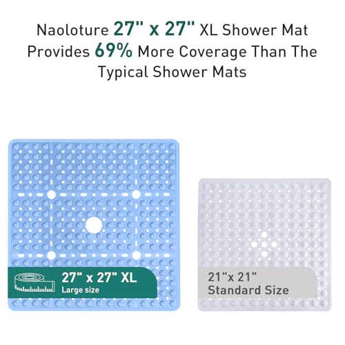 Large Square Shower Mat 27 x 27 Inch Light Blue, Non Slip Shower Bathtub Mats for Inside Shower with Big Suction Cups Drain Holes, Anti Slip Bathroom Floor Stall Mats, Easy Clean, BPA-Free - color: Light Blue
